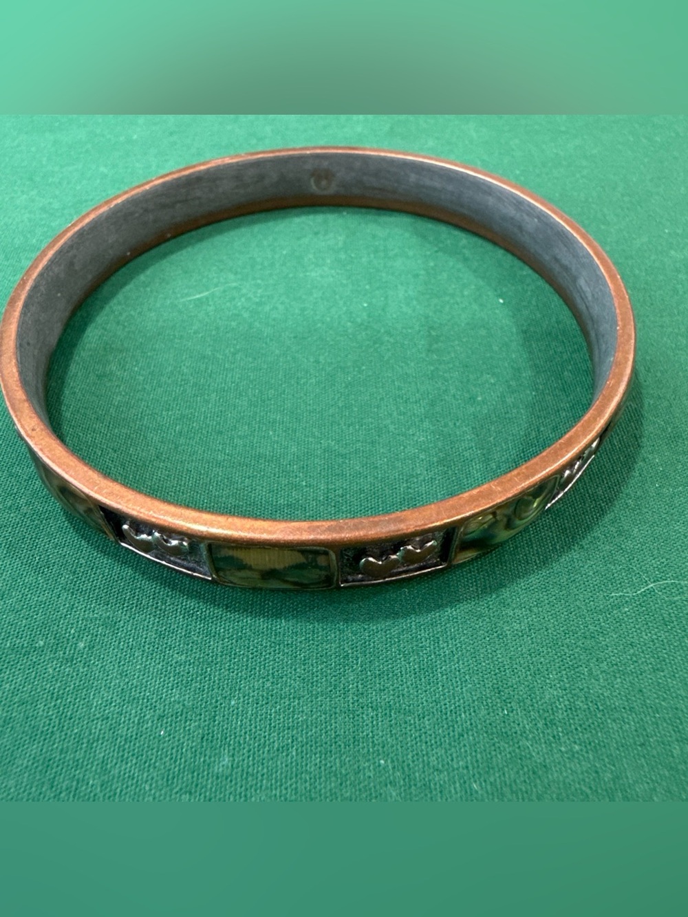 Coppertone Bangle Bracelet W/Rectangular Iridescent Abalone Inlays. 46F